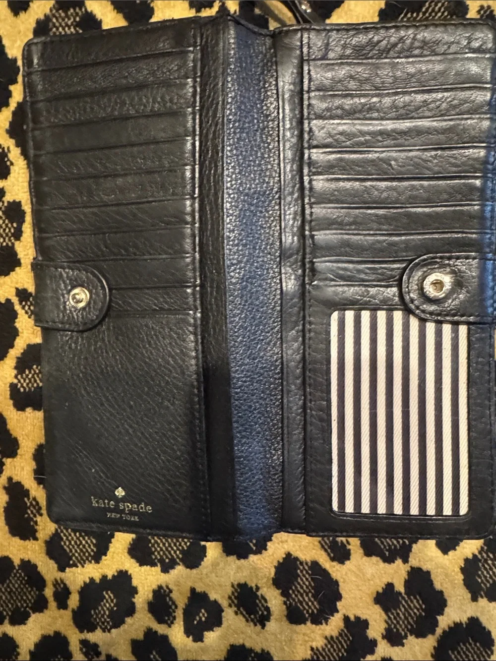 kate spade Black Pebbled Leather Continental Wallet with Gold Logo